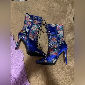 Blue Floral Satin Stiletto heeled boots